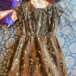 Brown embroidered taffeta cocktail dress